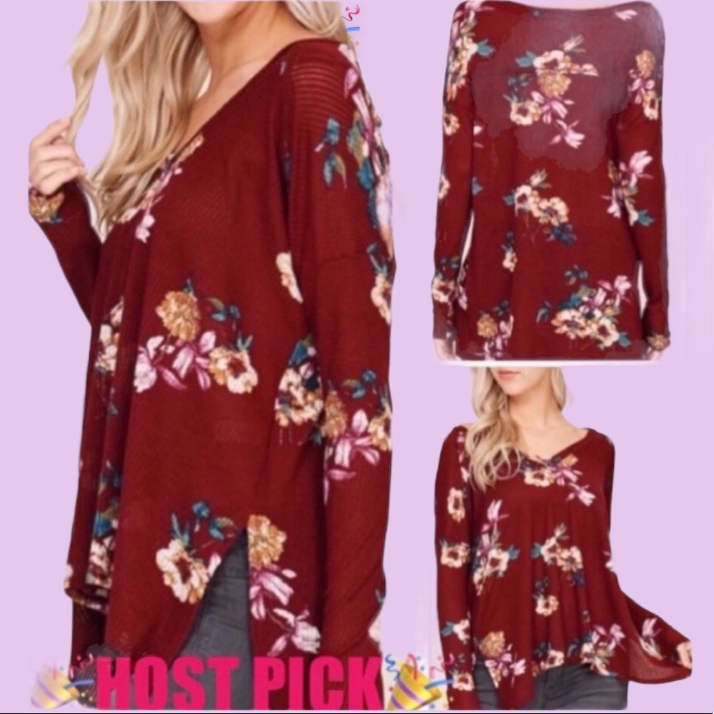 ❌DONATED❌Burgundy Wine Floral Print Waffle V-neck Long Sleeve Top - Picture 3 of 11